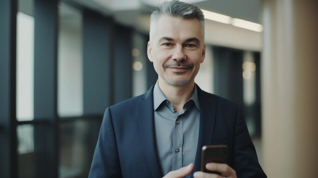 photo of a happy businessman using phone