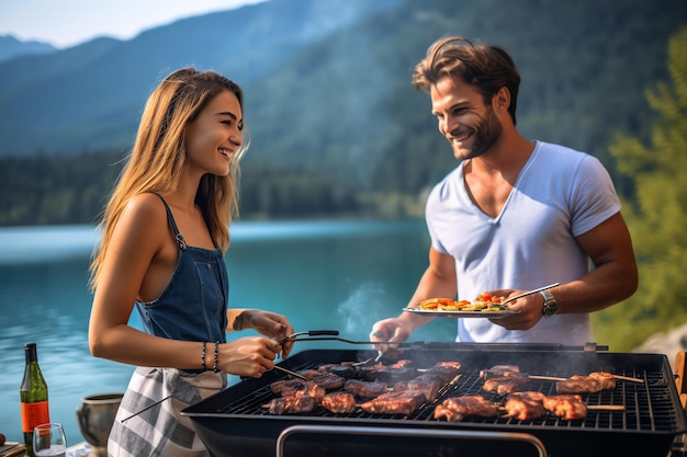 Photo a happy couple barbequing