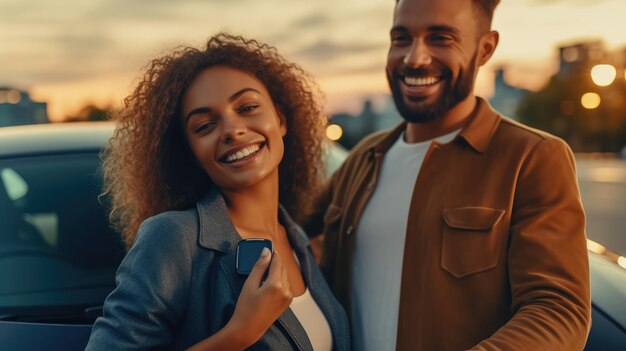 Photo of happy couple in front of their car who bought their first car