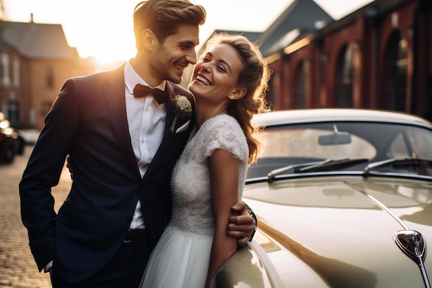 Photo of happy couple in front of their car