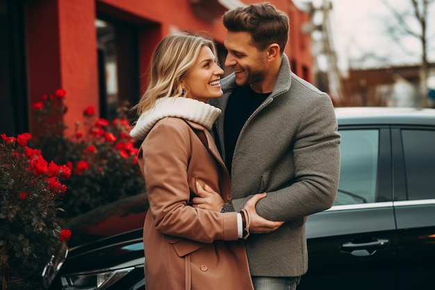 Photo of happy couple in front of their car