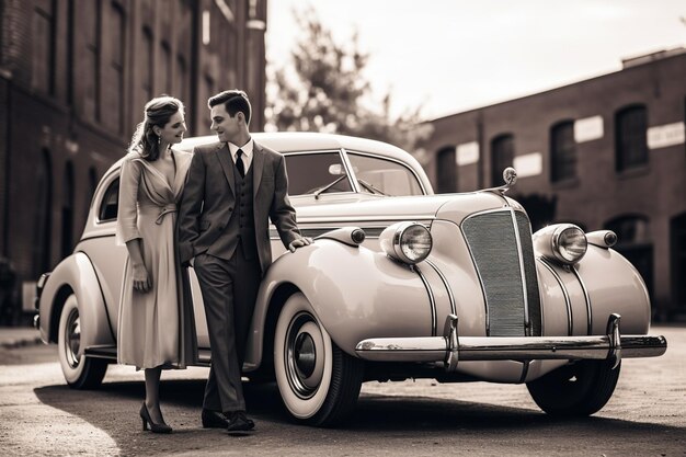 Photo of happy couple in front of their car