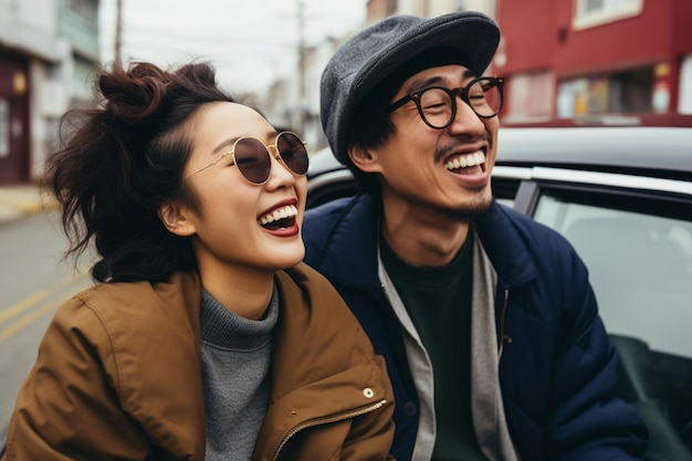 Photo of happy couple in front of their car