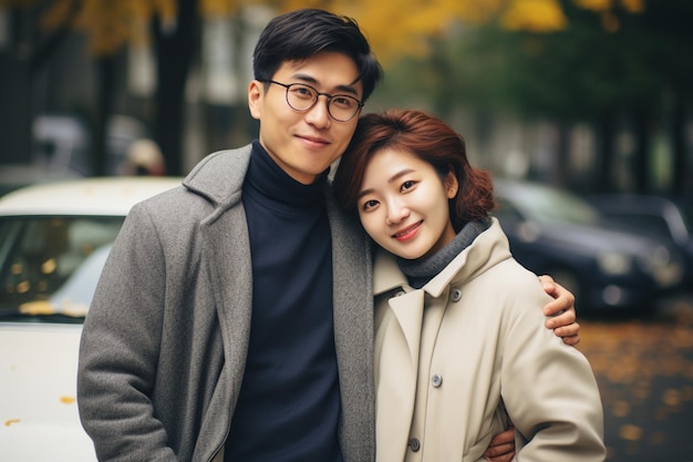 Photo of happy couple in front of their car