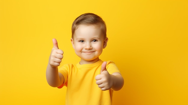 Фотография счастливого милого ребенка с поднятым большим пальцем вверх