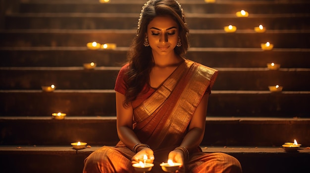 Фото счастливой глины Дивали Лампы Дия Индуистский фестиваль Дивали с празднованием огней