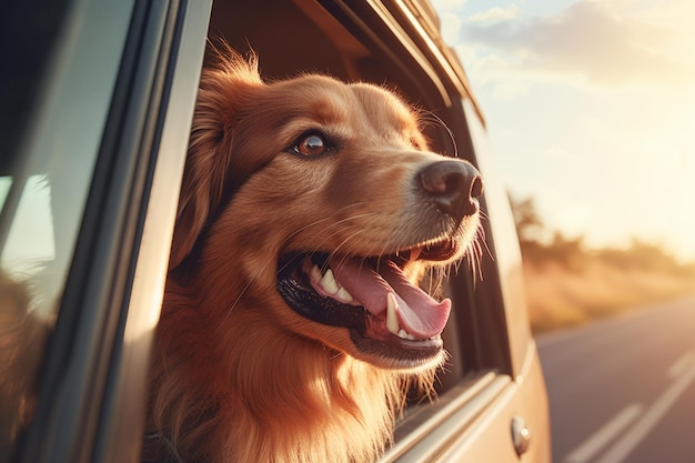 窓から頭を出して車に乗っている幸せな犬の写真