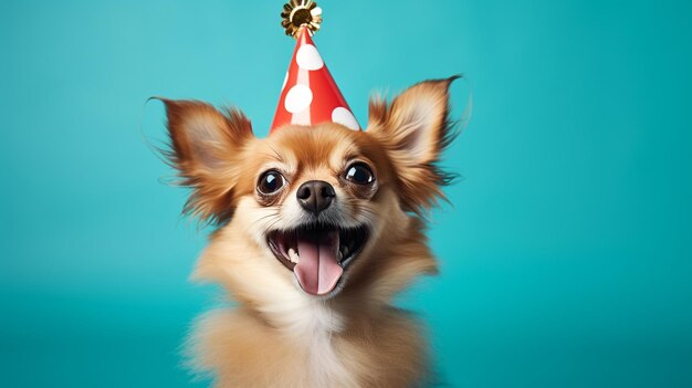 인공지능에 의해 생성된 파란색 배경에서 축제 모자를 입은 행복한 개가 생일을 축하하는 사진