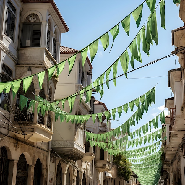 Photo Happy Eid Mawlid un Nabi islamic celebration with Green Bunting Flags in Streets generative ai