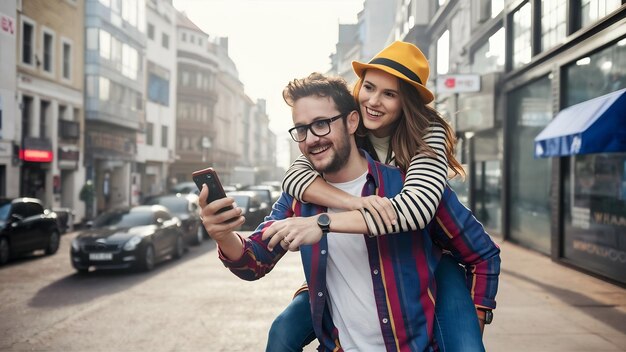 Foto foto di una coppia europea felice che si diverte insieme usando la tecnologia moderna per l'intrattenimento