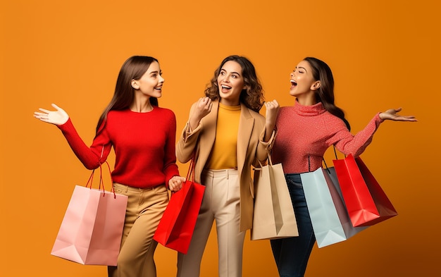 Photo of happy excited shopping girls with colorful bags