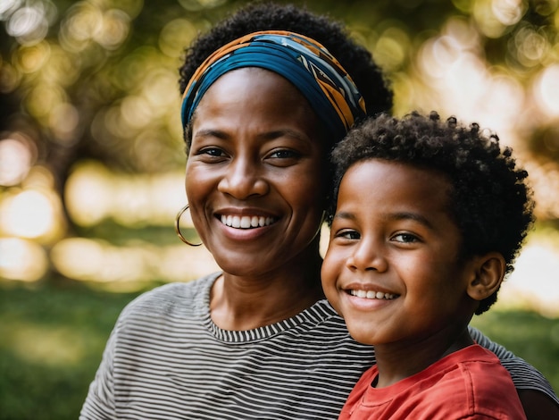 행복한 가족의 사진 흑인 어머니와 아들 생성 AI