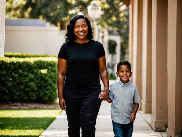 photo of happy family black mother and son generative AI