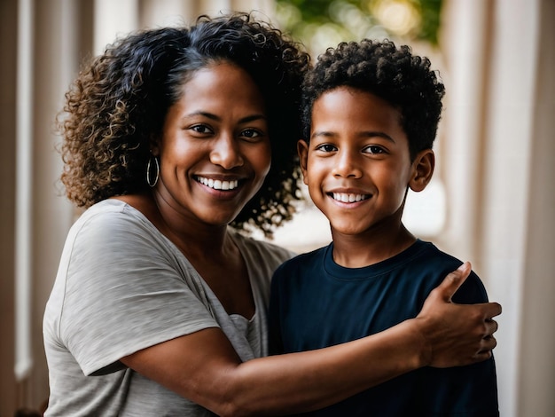 행복한 가족의 사진 흑인 어머니와 아들 생성 AI