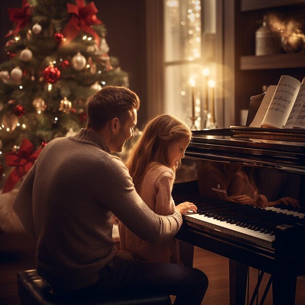 Photo of happy family enjoying christmas at home with christmas decorations