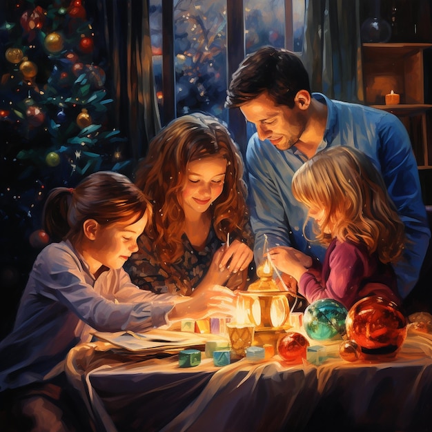 Photo of happy family enjoying christmas at home with christmas decorations