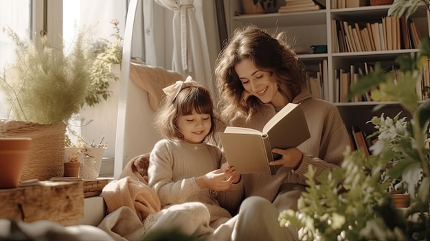 фотография счастливой семьи: мать и дочь читают книгу днем дома