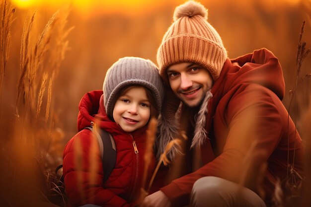 Photo of a happy family posing outdoor and copy space