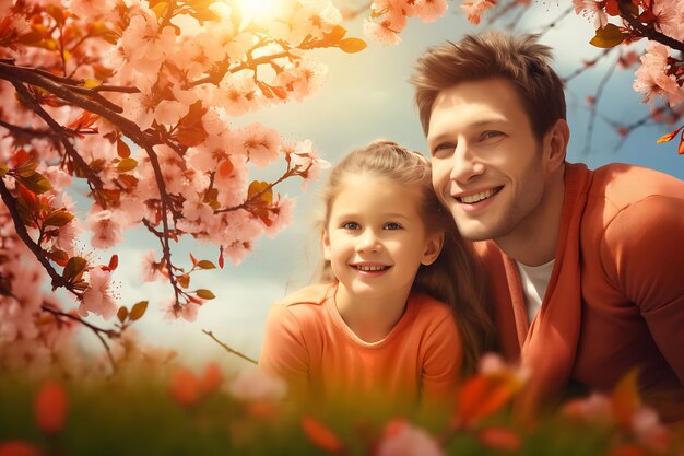 Photo of a happy family posing outdoor and copy space