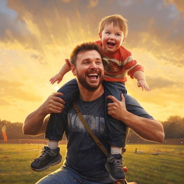 父の日を祝う幸せな父親と子供たちの写真