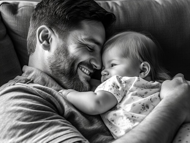 In the photo a happy father is sitting on the couch holding his little daughter in his arms Their