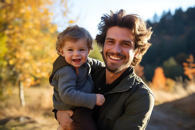 屋外でポーズをとっている幸せな父と息子の写真とコピースペース