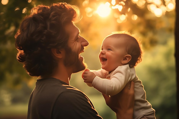 屋外でポーズをとっている幸せな父と息子の写真とコピースペース