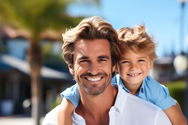 Photo of a Happy Father and Son Posing Outdoor And Copy Space