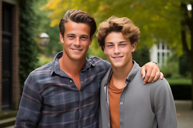 Photo of a Happy Father and Son Posing Outdoor And Copy Space