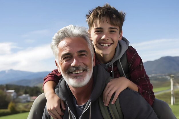 Foto foto di un padre e un figlio felici che posano all'aperto e copiano lo spazio