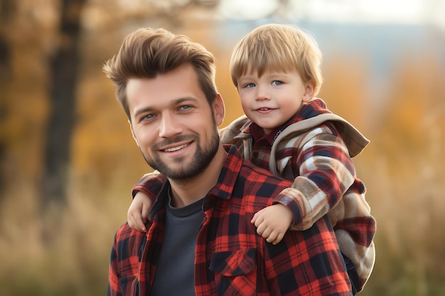 Photo photo of a happy father and son posing outdoor and copy space