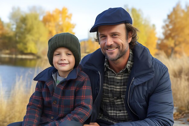 Photo photo of a happy father and son posing outdoor and copy space