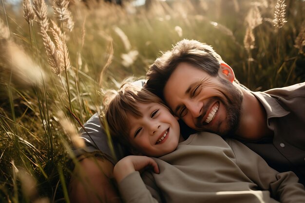 Photo of a Happy Father and Son Posing Outdoor And Copy Space