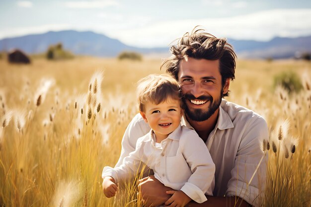 Foto foto di un padre e un figlio felici che posano all'aperto e copiano lo spazio