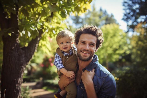 Photo of a Happy Father and Son Posing Outdoor And Copyspace