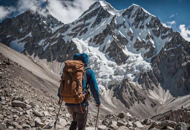 A photo of a happy hiker walks through the everest with a backpack