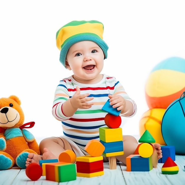 Photo of happy kids playing with blocks and toys