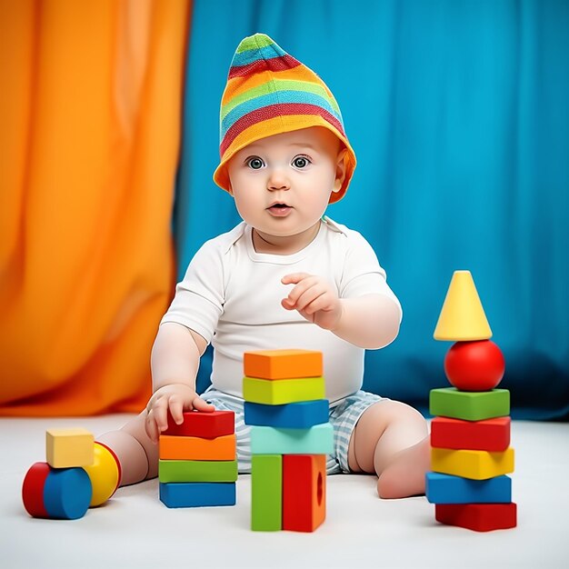 Photo of happy kids playing with blocks and toys