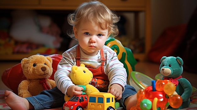 Photo of happy kids playing with blocks and toys