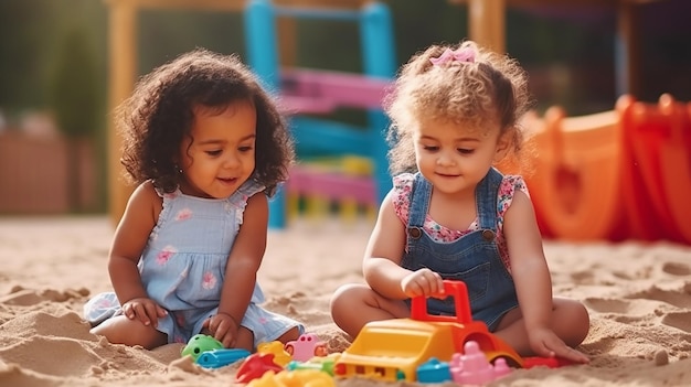 Photo of happy kids playing with blocks and toys