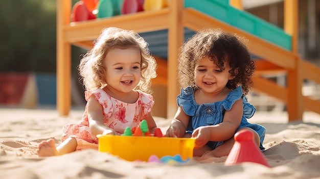 Photo of happy kids playing with blocks and toys