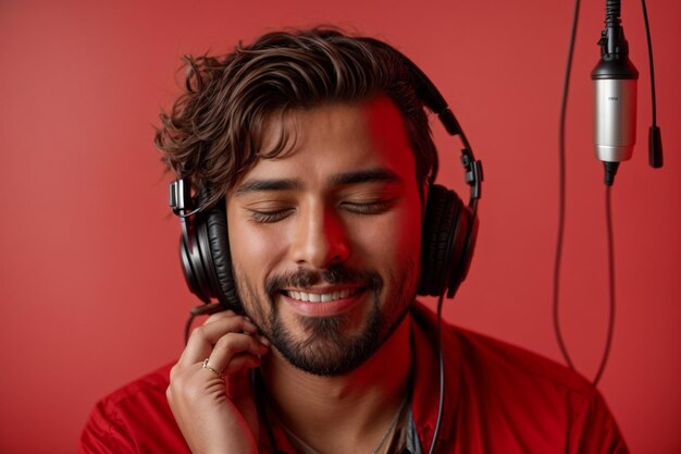 photo happy man listening music with closed eyes