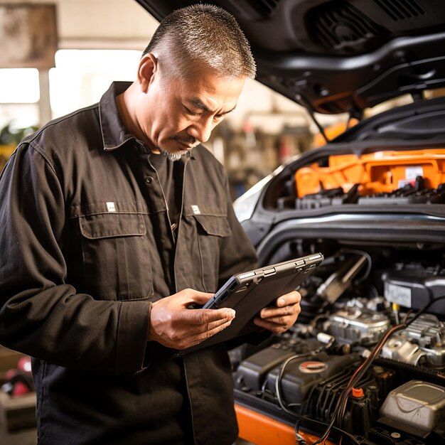 Photo happy mechanic standing by the car generate by ai