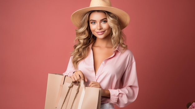 photo happy modern woman holding decorative paper bag in front of pink wall generated by AI