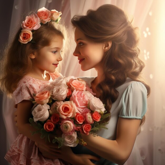 Photo happy mothers day daughter congratulates mom and gives a bouquet of flowers to