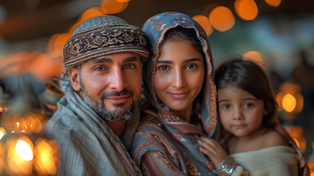 Photo photo of a happy muslim family with ramadan lanterns in streets