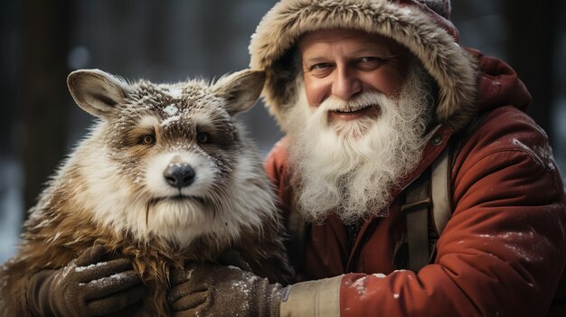 Photo of happy Santa Claus outdoors in snowfall carrying gifts to children