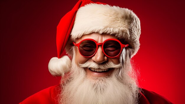 Photo of happy santa claus with present gift boxes lsolated over red background