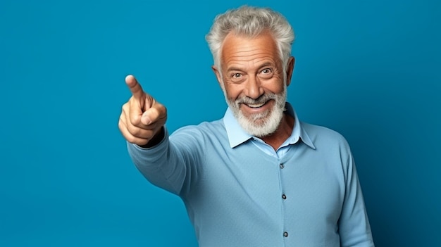 Photo happy senior man looking at camera smiling pointing with index fingers generated by ai