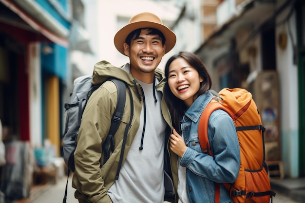 Photo photo happy smiling asian couple tourist traveler standing hugging and looking copy space